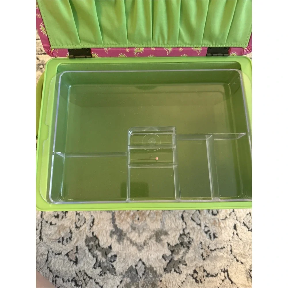 Vintage Y2K Sewing Basket Green Pink Floral Tapestry w/Inside Tray Handle Padded